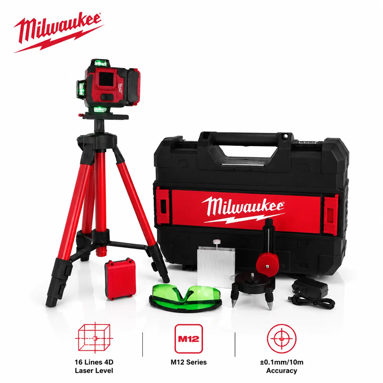Milwaukee M12-Series 4D 16-Line Laser Level - M12 Lithium-Ion Battery Powered, 0.1mm/10m Accuracy, ±4-Degree Self-Leveling Range, Compact Body, Solid Housing, Ideal for Builders, Tile Laying & Interior Decoration Tasks