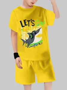 Vibrant Shark Surf Print Kids Sports Set, Short Sleeve Top & Shorts, Casual Fitted, Random Print, Summer Wear