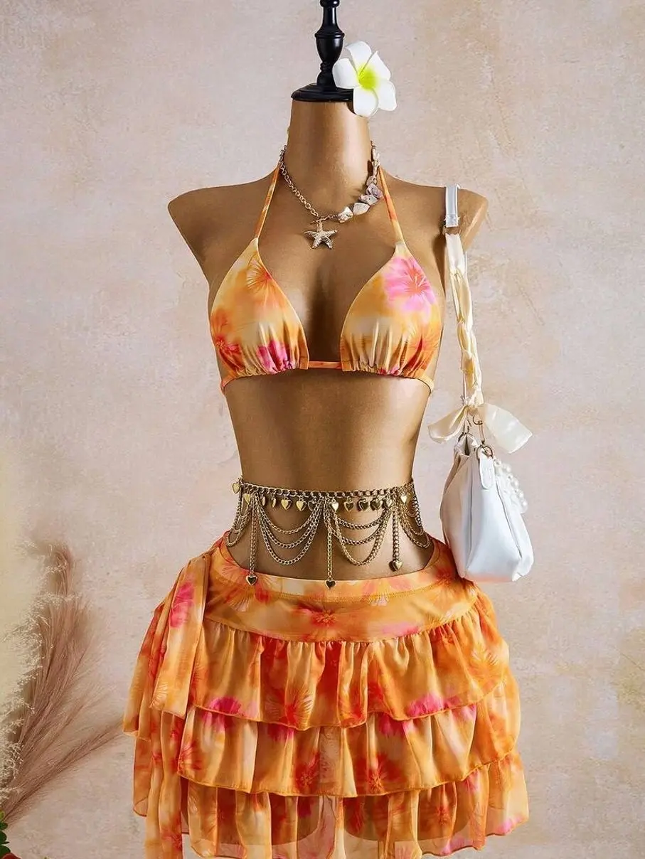 Bellisia Sunset Orange & Pink Floral 3-Piece Bikini Set | Halter Triangle Top & 3-Tier Layered Ruffle Mesh Skirt Cover-Up | Tropical Y2K Swimsuit