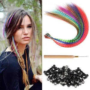 Hair Feathers Extension Kit  Colored Synthetic Feather Hair Extensions Kit (Not Real Feather) with 100 Pcs Silicon (17 Inch)
