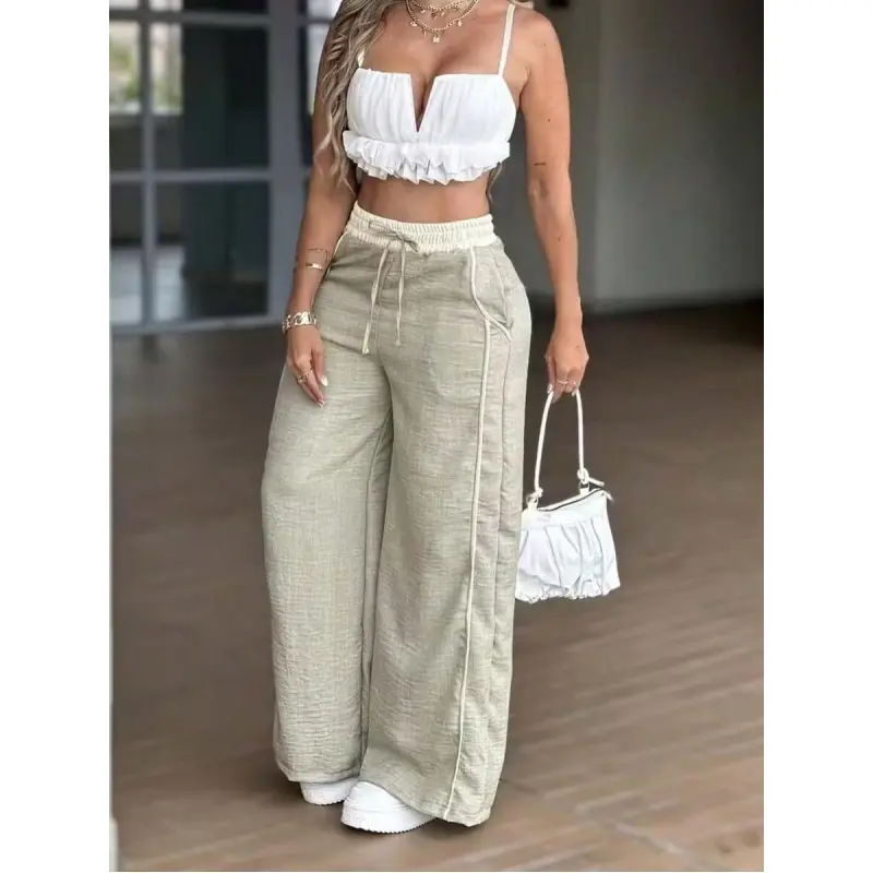 Casual Elastic Waist Straight Leg Pants, Relaxed Fit Spring