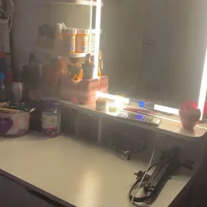 Makeup Vanity Desk with Mirror and Lights, Small Makeup Vanity with Fabric Storage Drawer & Chair & Shelves, White Vanity with Fold-up Panel and Power Outlet for Bedroom