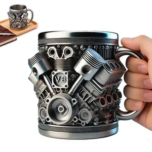 Personalized V8 Engine Coffee Drink Mug – Retro Engine Themed Stainless Steel Cup with Handle, Double Wall Design, Cool Desk Mug for Office, Garage & Home, Unique Gift for Men, Car Enthusiasts, Mechanics, Gearheads