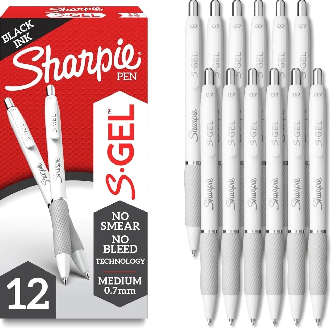 Sharpie S-Gel Gel Pens, Pearl White Body, Black Ink, Medium Point (0.7mm), 12 Count - For Journaling, Writing, Note-Taking, School, Office Supplies