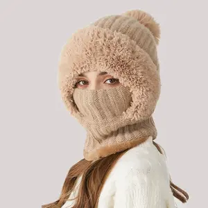 Knitted hat for women in winter with thick fleece and anti cold hat, scarf mask, one-piece warm hat for women, sports and outdoor cycling hat, face mask