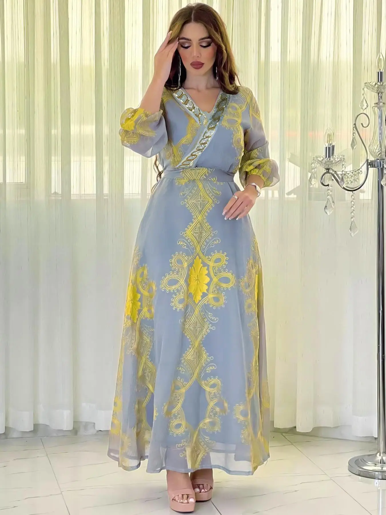 Arabic Clothing-Scroll Embroidery Beaded Bishop Sleeve V Neck Belted A Line Dress, Elegant Fashion Long Sleeve Arabian Dress, Women's Islamic Clothing