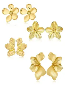Chunky Gold Flower Earrings for Women, All Seasons Wear, Large Irregular Leaf Floral, Big Statement Dangle Earrings Set