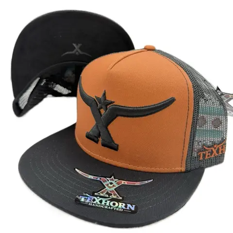 Lamadrid TEXHORN Hat - Handcrafted Brown & Black Snapback with Camo Mesh Back and Logo Patch