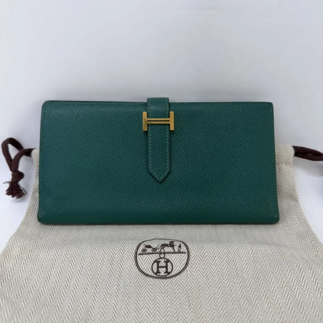 Pre-owned HERMÈS Béarn Green Long Wallet in Vert Vertigo Epsom Leather