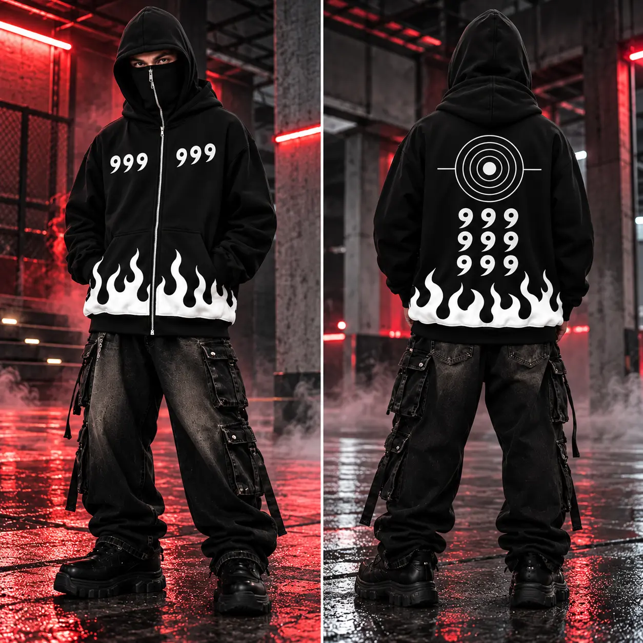 Dark Flame 999 Full Zip Balaclava Hoodie, Black White Flame Graphic Zip Up Jacket with Built In Face Mask, Oversized Unisex Y2K Streetwear Sweatshirt, Gothic Anime Inspired Alternative Fashion, 280G Fleece Lined Hoodie for Men Women