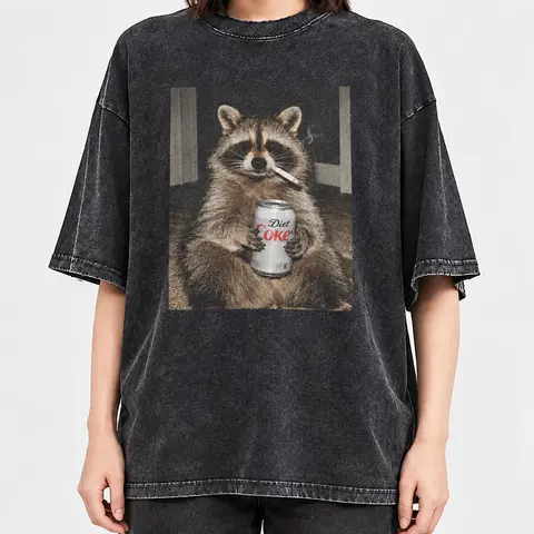 Three Raccoons Diet Coke Smoking Comfort Colors T-Shirt with a funny Gen Z dank meme vibe, trendy cotton streetwear top and playful graphic gift for men and women alike. Classic Menswear