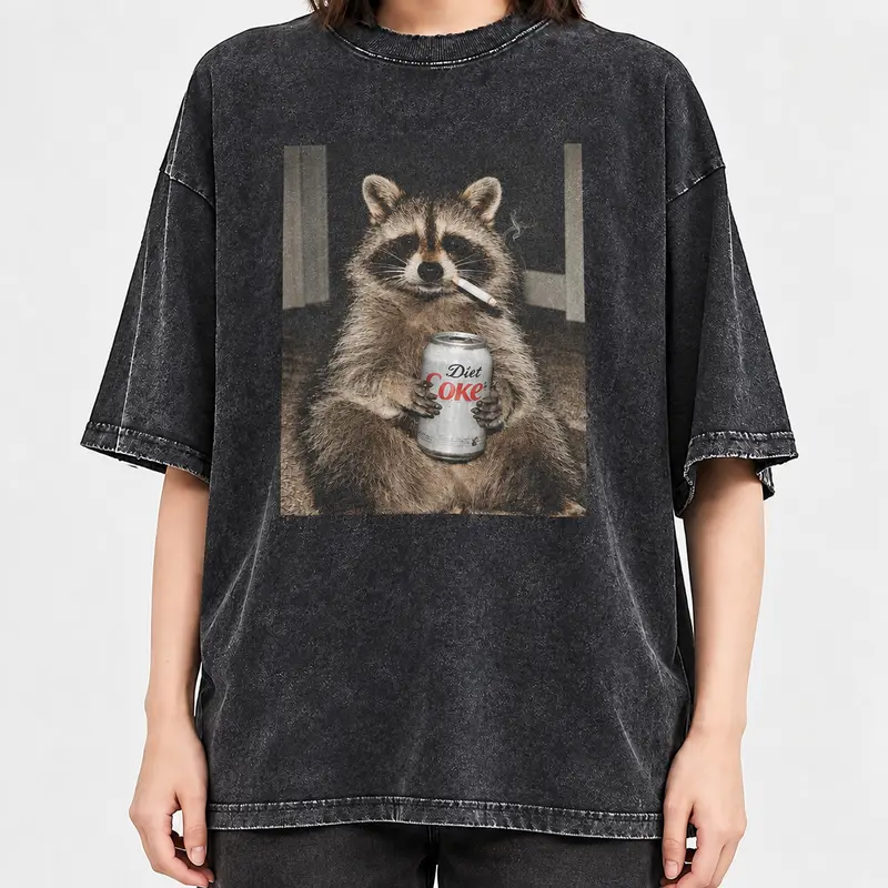 Three Raccoons Diet Coke Smoking Comfort Colors T-Shirt with a funny Gen Z dank meme vibe, trendy cotton streetwear top and playful graphic gift for men and women alike. Classic Menswear