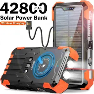 Sudrov 42800mAh Solar Power Bank 7 Outputs 15W Fast Charging Portable with Dual Flashlights Carabiner Thermometer LED Fan USB Smartphone Charger Rechargeable Wireless Orange Power Bank Magnetic Power Bank