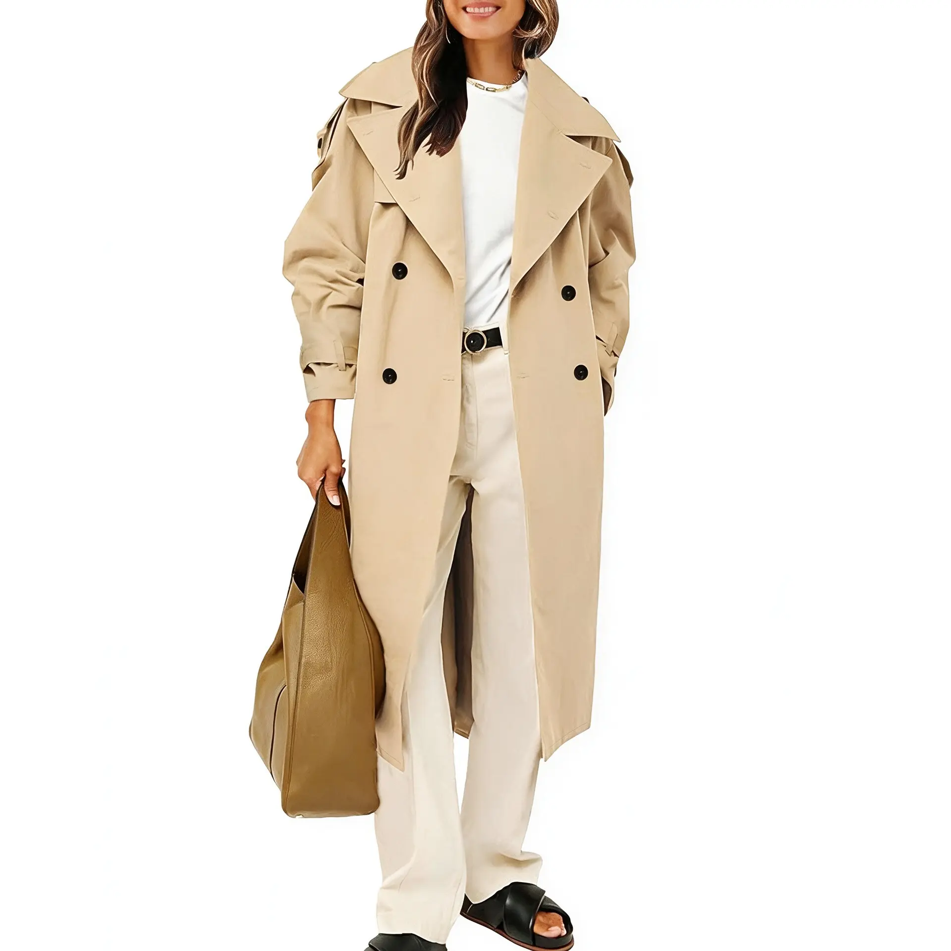 Wodubu Womens Oversized Long Trench Coat Double Breasted Lapel Windproof Overcoat with Belt