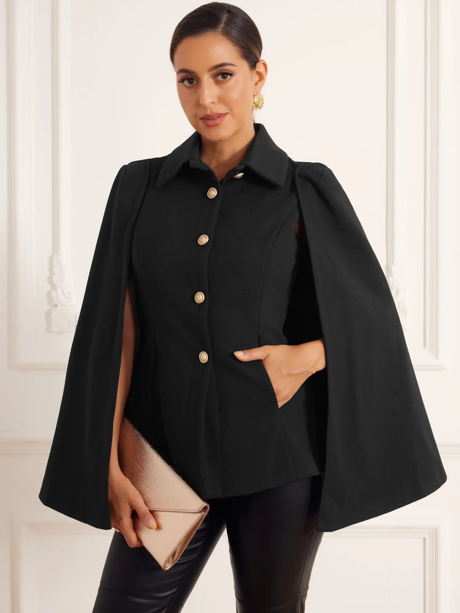 INSPIRE CHIC Women's Cape Blazer Split Sleeve Button Front Casual Workwear Cape Coat Shawl Jackets
