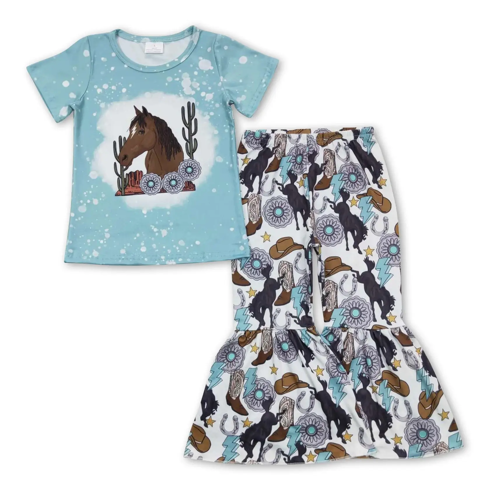 Western Horse Blue Graphic Tee and Bell Bottom Pants Girls Set