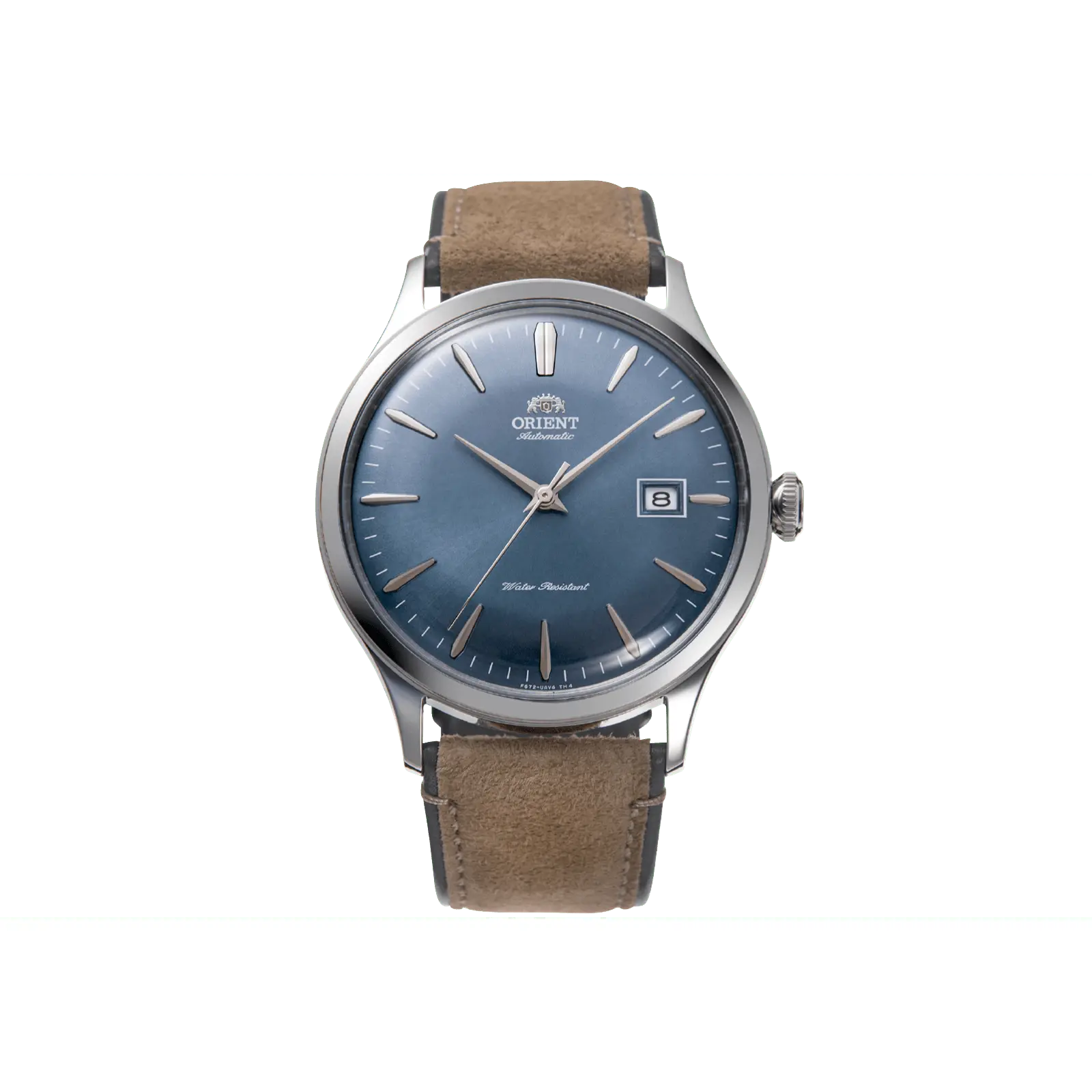 Men's Orient Bambino Version 4 Automatic Watches - 42mm Round Blue Dial Analog, Stainless Steel Wristwatch Band, Domed Crystal Mineral Glass, 30M - 50M Water Resistant, Clasp Closure, Date Display, RA-AC0P03L30B (Suede Band Option)