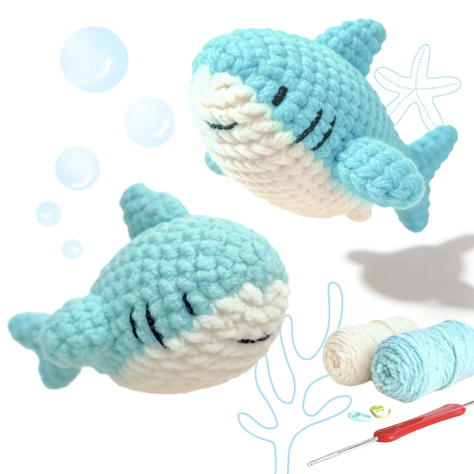 2 Sets Yamaxin Shark Shape Beginner Crochet Kit, DIY Knitting Material Pack with Teaching Videos, Random Accessory Colors, Handmade Crafts, Amigurumi Yarn