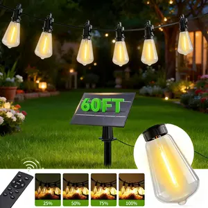 60 ft outdoor solar string lights with remote, dimmable LED Edison bulbs, Type‑C backup charging, shatterproof and waterproof patio lights for backyard, parties, weddings, and camping