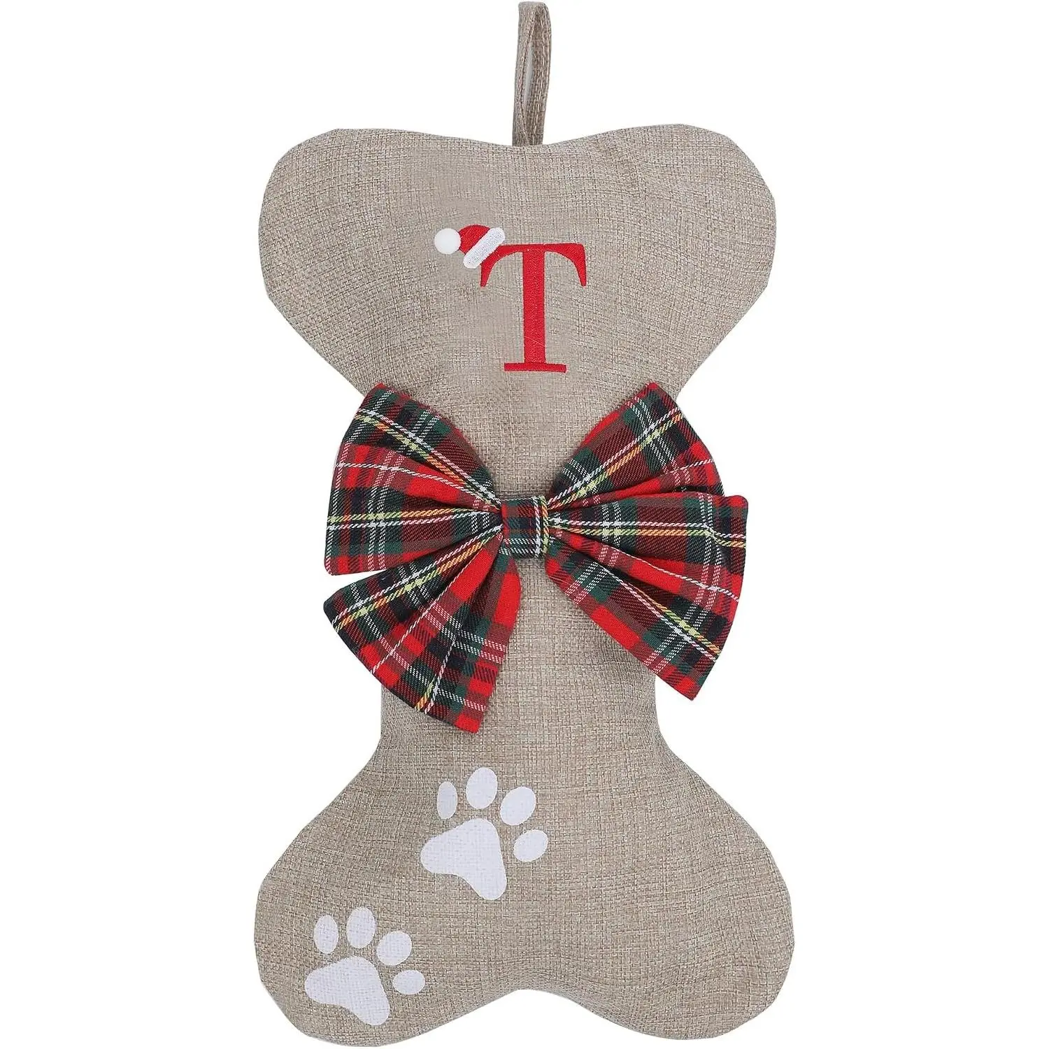 Personalized 15in Letter Christmas Stocking Linen Style Bone Shaped Xmas Decorations for Pet Dogs(Letter T)