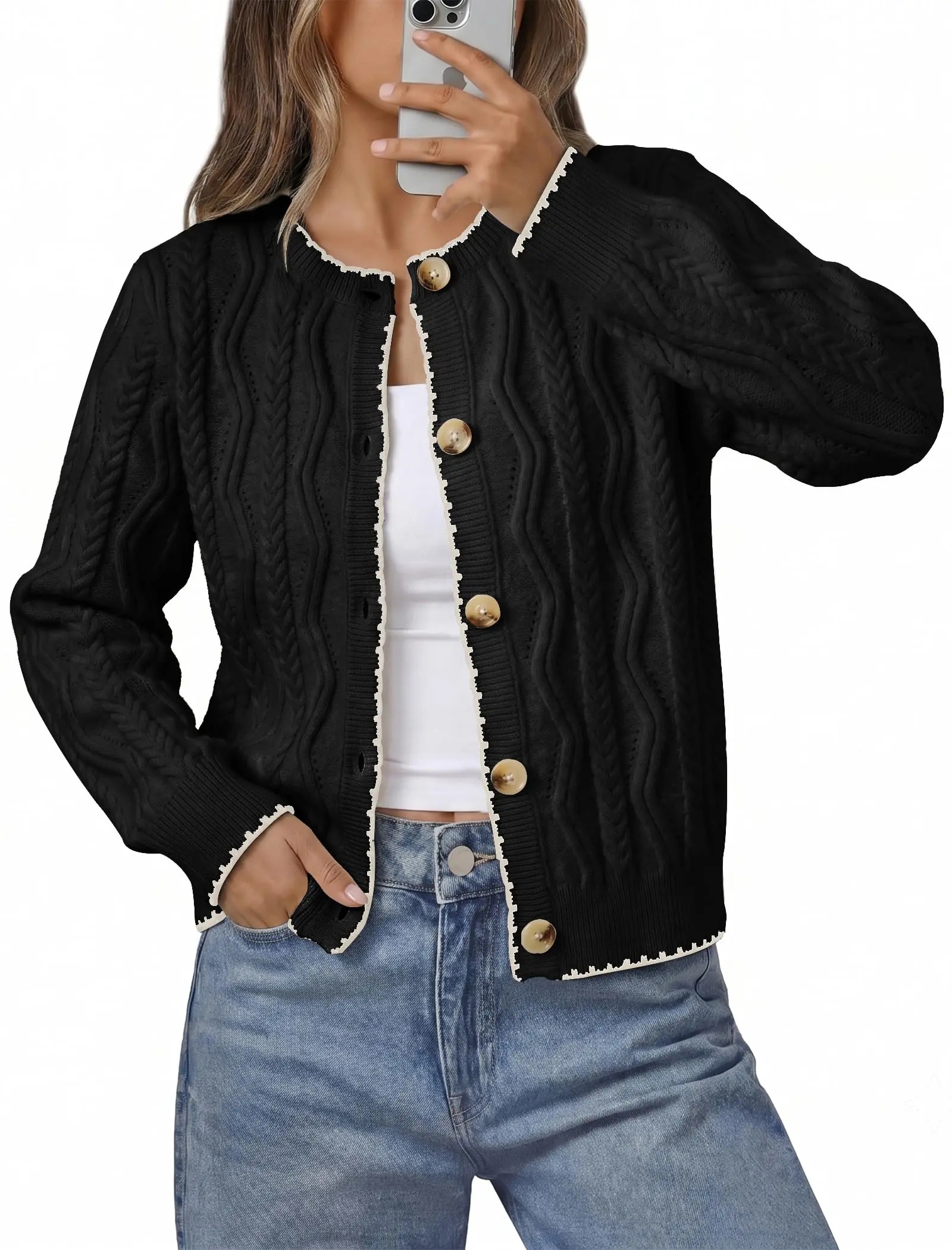 Women's Cream Cable Knit Cardigan, Button Front Long Sleeve Contrast Trim Chunky Knit Sweater for Daily Casual Spring Fall Wear, Comfy Chic Trendy Ladies Fashion