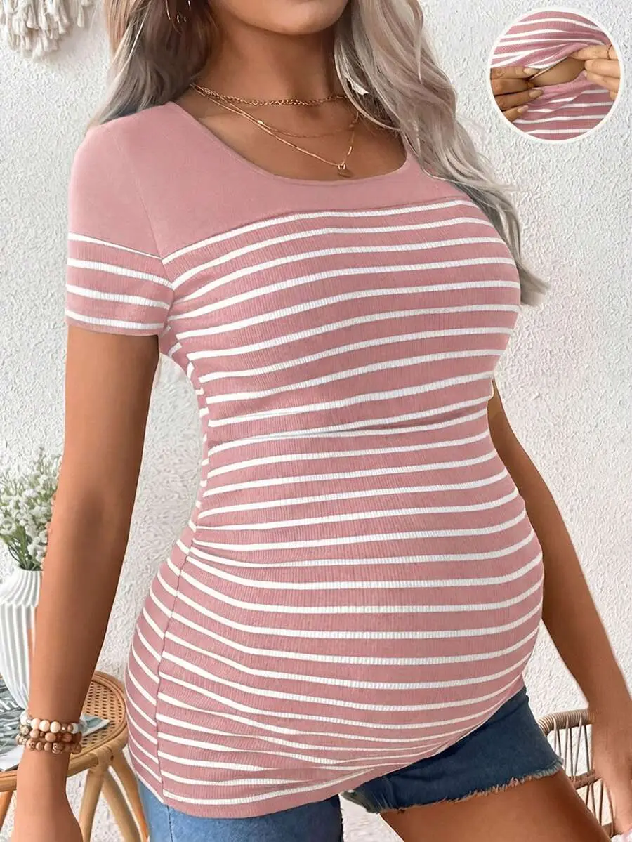 Nursing Friendly Striped Print Fitted Short Sleeve Top