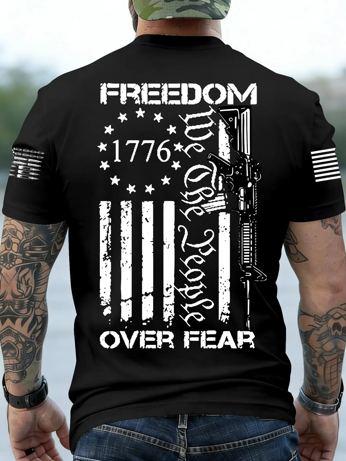 Men's Vintage American Short Sleeve T-Shirt, 1776 Gun Flag Print Design, Casual Versatile Top, Perfect for Daily Wear