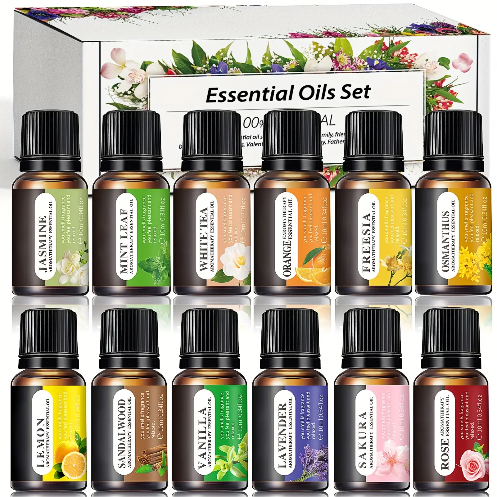Essential Oils Set, 12*0.34 oz Bottles Set for Home Care, Fragrance, Humidifiers, Difusors & Aromatherapy Oils Set Gifts, Mint Leaf, White Tea, Lavender, Lemon, Orange, Osmanthus, Vanilla, Sakura, Rose, Freesia, Sandalwood, Jasmine