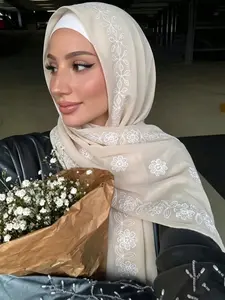Women's Fashion Embroidered Floral Long Scarf, Hijab, Breathable Sun Protection Textured Shawl, Elegant Modest Daily Commute Accessory