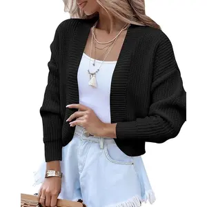 Women's Long Sleeve Open Front Knit Cropped Cardigan Sweaters Casual Drop Shoulder Short Shrugs Sweater Coats