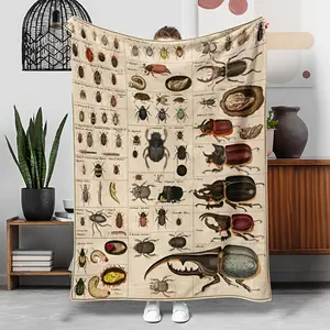 Educational Insect Encyclopedia Blanket - Retro Scientific Insect Chart Design, Including Beetles, Flies, etc. - Four Seasons Suitable Soft Flannel Cover Carpet, Suitable for Home, Camping, Classroom, Office Use - Entomology Enthusiast Gift