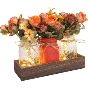 Jar Table Centerpiece Decor with Lights, Wood Tray & 3 Artificial Flowers - Farmhouse Table Decor for Dining Room, Living Room, Kitchen, Coffee Table ​