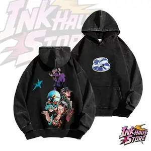 Anime-inspired design based on *JoJo's Bizarre Adventure*. Themed washed American-style hoodie, made in the USA | High-quality 100% cotton streetwear hoodie | Relaxed fit