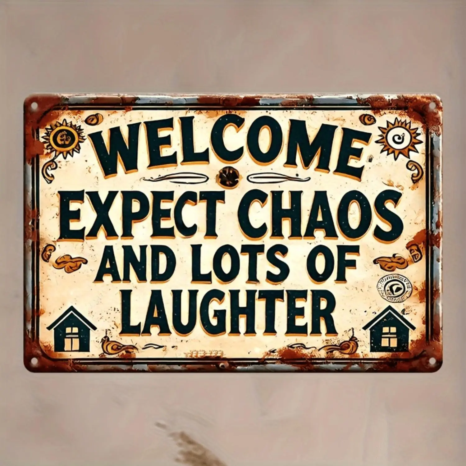 2D Flat, 1pc 12x8inch Aluminum 2D flat Welcome Expect Chaos& Lots of Laughter"- Humorous Vintage Metal Tin Sign, Perfect for Home, Cafe, Bar, Garage Decor | Wall Art, Outdoor, Patio, Porch, Garden, Farmhouse