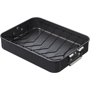 Roasting Pan, 16-Inch Non-Stick Turkey Roaster Lasagna Pan with Rack - Rectangular Deep Dish Chicken Roaster Pan 16.3" x 12.52" x 3.11"(Black)