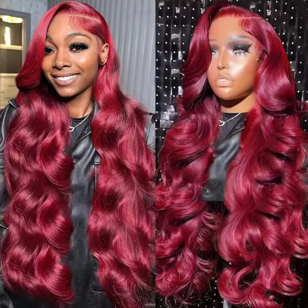 99J Burgundy Body Wave Human Hair 13x6 HD Transparent Lace Front Wig 13x4 Curly Colored 30 Inch Brazilian Hair For Women