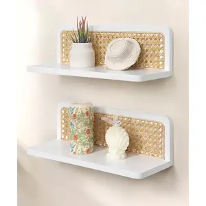 Rattan Floating Shelves, Boho Cane Webbing Wall Shelves Farmhouse Display Storage Organizer White Bookshelves Wicker Room Decor for Living Room Bedroom Entryway Hallway Bathroom, Set of 2