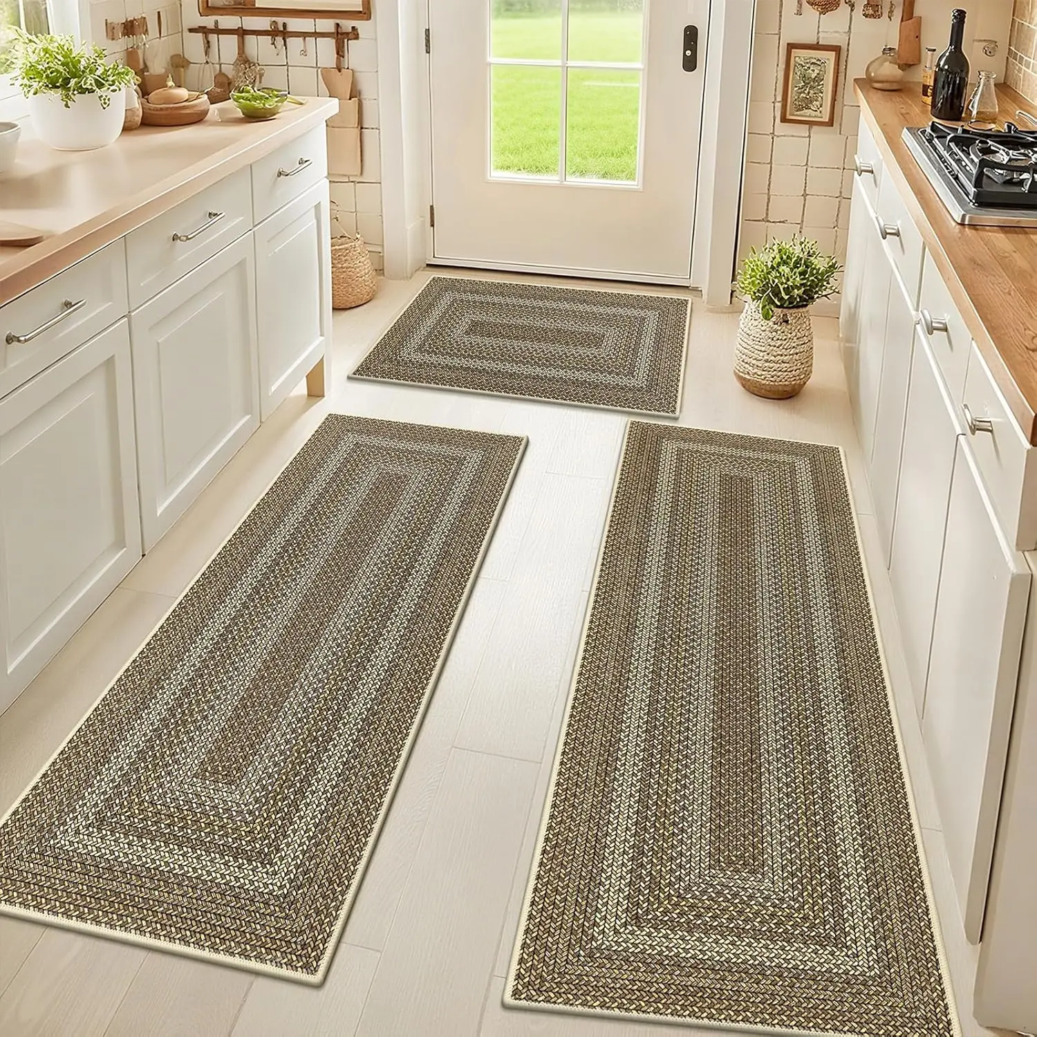 [SeptemberStockUp] HEBE Faux Jute Washable Kitchen Rug Set of 3 - Super Soft Polyester Fabric Non-Slip Absorbent Border Faux Braided Stain-Resistant Runner Set for Room Decor, Vintage Home Decor with Plants Theme
