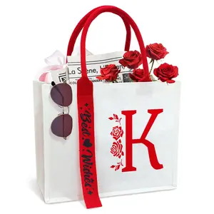 Personalized Initial Ribbon Canvas Tote Bag Gifts For Her Wife Mom Friend Birthdays Weddings