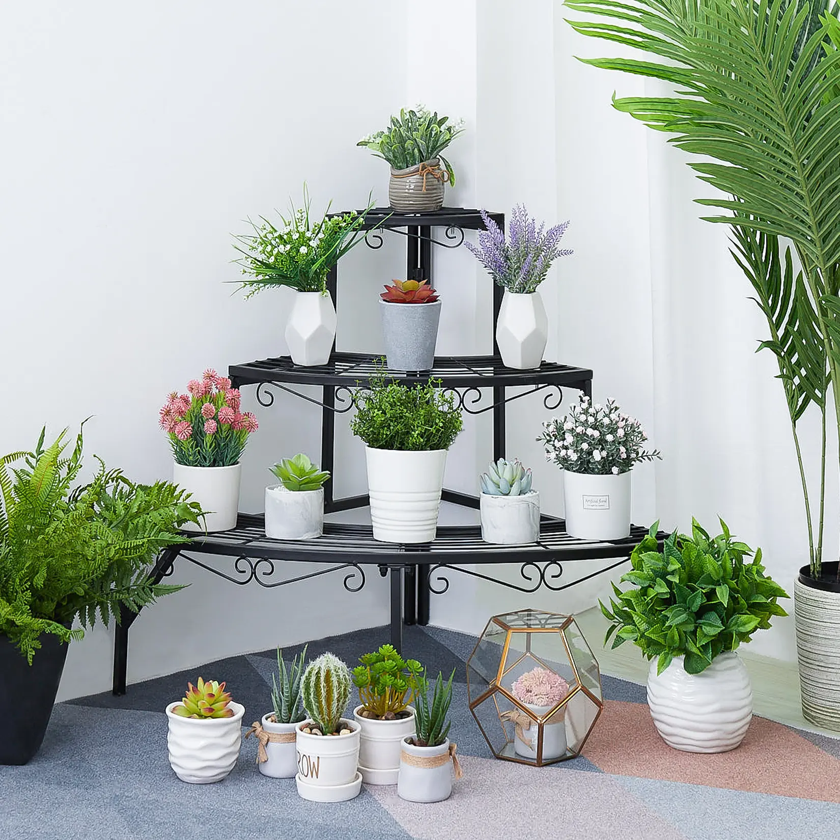 3-Tier Multi-Tiered Metal Corner Ladder Plant Stand, Outdoor Garden Flower Display Rack, Indoor Houseplant Storage Shelf