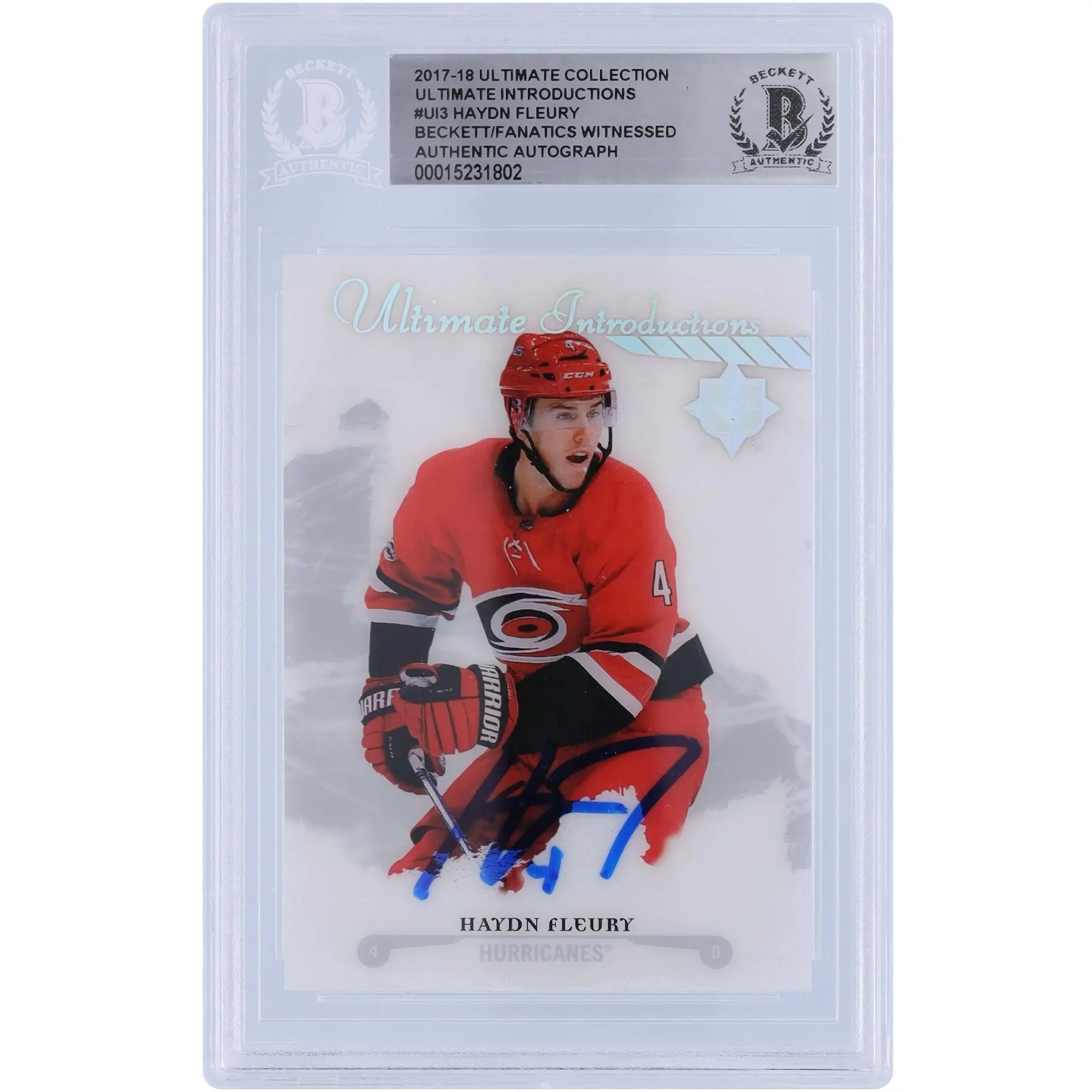 Haydn Fleury Carolina Hurricanes Autographed 2017-18 Upper Deck Ultimate Collection Ultimate Introductions #UI-3 Beckett Fanatics Witnessed Authenticated Rookie Card - Fanatics Authentic Certified