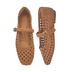 Woven Mary Jane Flats Vintage Hollow Out Summer Sandals for Women Cozy Retro Square Toe Slip Ons summerwins