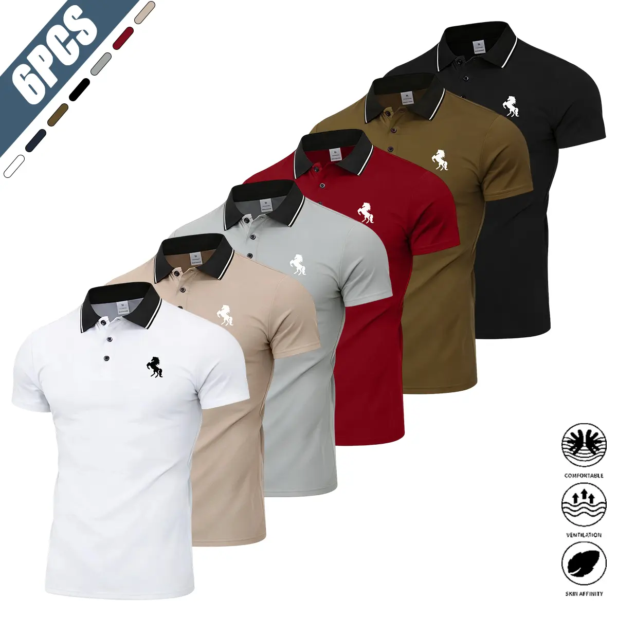 Set of 6 men’s casual polo shirts—classic solid-color short-sleeve tops ---suitable for badminton, tennis, golf activities, everyday wear, and business occasions.Men's clothing, menswear