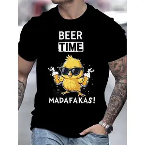 Men's Casual "Beer Time" Chicken Graphic T-Shirt - Polyester, Round Neck, Short Sleeve, Summer Tee with Fun Animal Print, Chicken Shirt