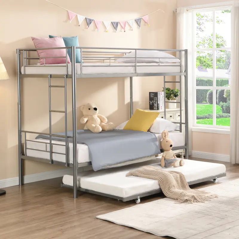 Modern Silver Metal Bunk Bed with Trundle - Indoor Furniture Bed Frame