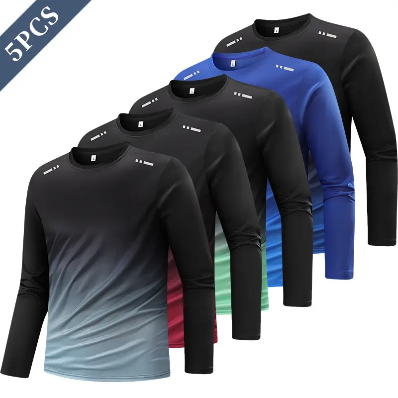 Men’s long-sleeve crew-neck T-shirt, gradient quick-dry top, fitness apparel, casual sportswear, shaping workout wear, suitable for outdoor and indoor wear