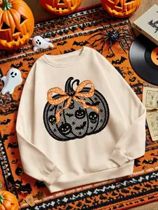 Halloween Star Butterfly Pumpkin Print Casual Loose-Fit Round Neck Sweatshirt, Fall Winter Plaid Letter Number Print Pullover Jumper