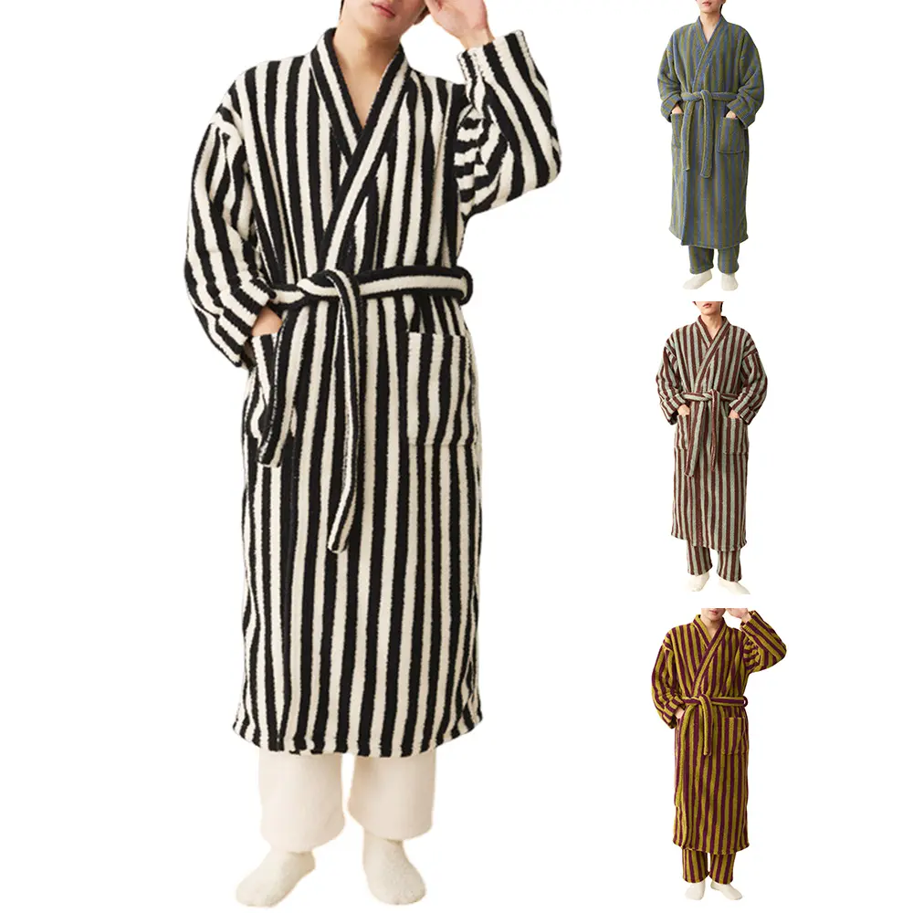 Gihuo Mens Striped Robe Fluffy Long Plush Bathrobes Fleece Fuzzy Warm Thick Kimono Loungewear Maxi Robe