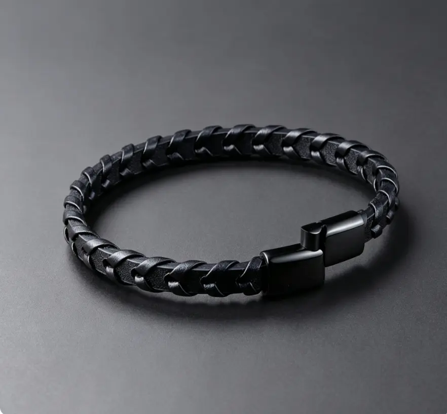 Simple Creative Men’s Leather Bracelet With Titanium Steel Decorations, Solid Black Adjustable Wristband, Casual Minimalist Hand Accessory Suitable For Teen Students Daily Street Wear Viral Trend