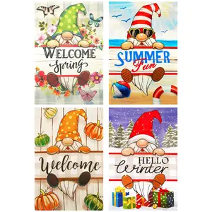 G128 Whimsical Wonders Holiday Gnome Garden Flag Set 4 Pack - Double Sided 12x18 Inch - Festive Welcome Yard Decorations for Outdoor Garden Lawn